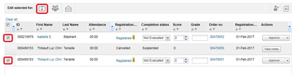 Cancel Multiple Learners Check the box next to the learners to be cancelled in the roster list. Click the Registration icon from the menu at the top of the roster list.