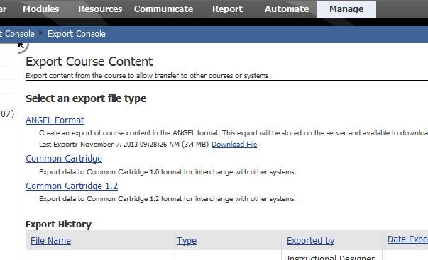 Export/Import: To Export your class from Angel, within your class in Angel go under Manage - > Export Console - > and click on Angel Format.