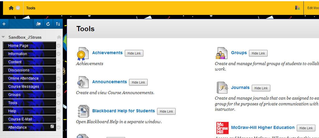 The INFORMATION button should hold your class information including your SYLLABUS. The COURSE E- MAIL button is for sending course e- mail information to and from your students.