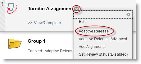 Exercise 11: Setting adaptive release criteria on an assignment 1. Click the action link to the right of your assignment name, then select Adaptive Release from the menu. 2.
