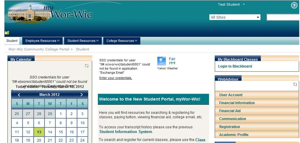 mywor Wic HOME PAGE Once you successfully login to mywor Wic, you will be directed to the Student Home Page depending on your primary constituency with Wor Wic.