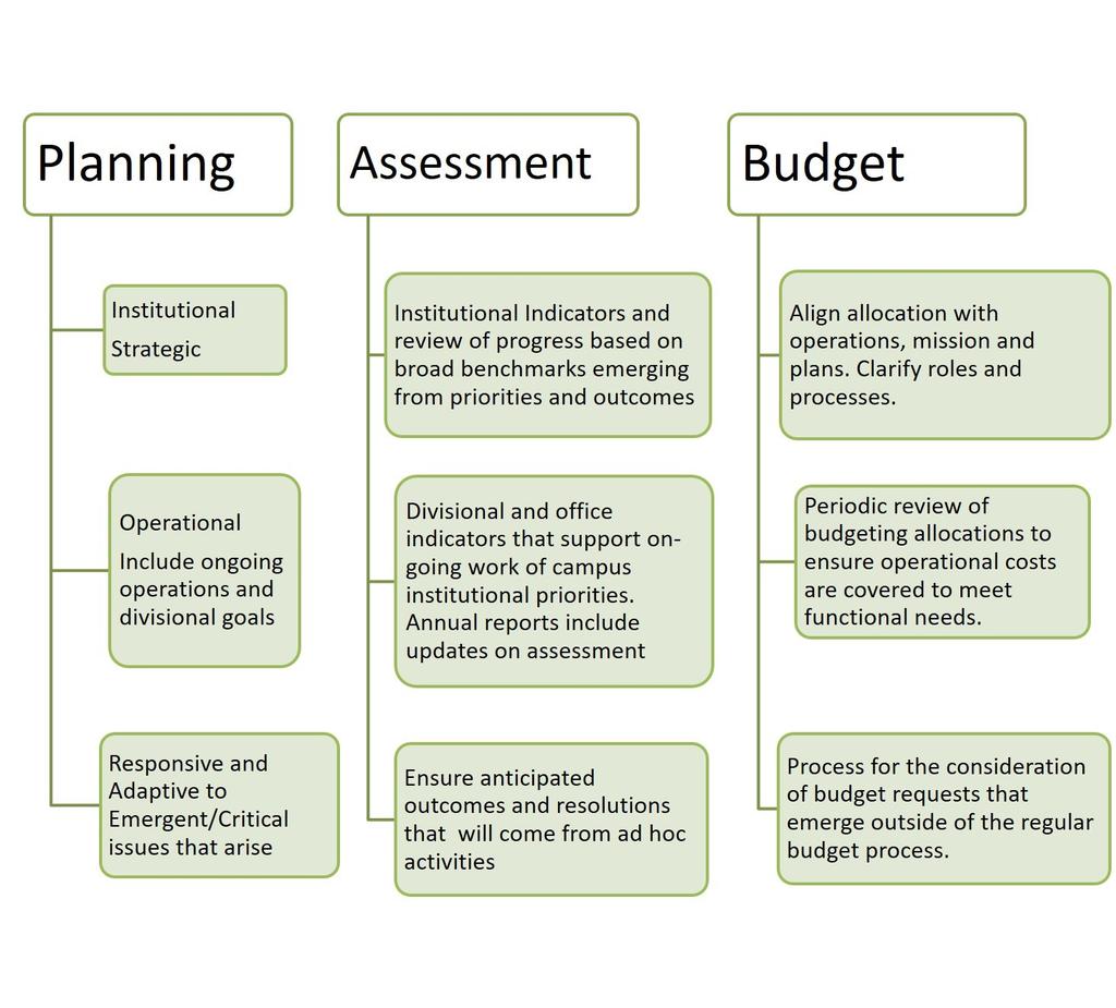 Levels of Campus Planning, Assessment and Budgeting At its best, planning reflects a cycle of discussion and decision-making based on aspirations and evidence for a campus.