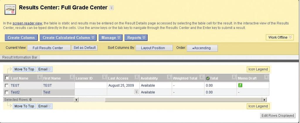 3 Next click Results Center. You will see a complete list of students, with columns for the assignments submitted by each student.