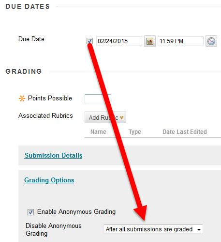 b. After all submissions are graded: Provide a due date. After students submit attempts, the due date passes, and you have graded the attempts, student anonymity is disabled.