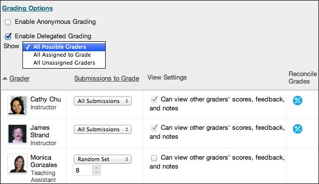 When all graders have assigned grades, the instructor role views all grades and feedback on the Reconcile Grade page and determines