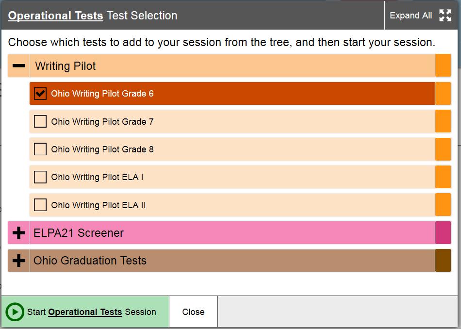 2c. Click the checkbox next to a test to include it in the test session.