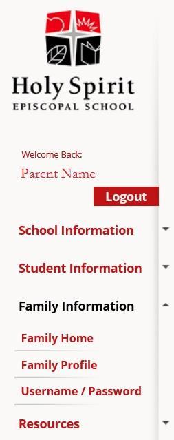 Clicking on Family Information on the left side column will bring up this menu: Family Home: This will return you to the main Family Information page.