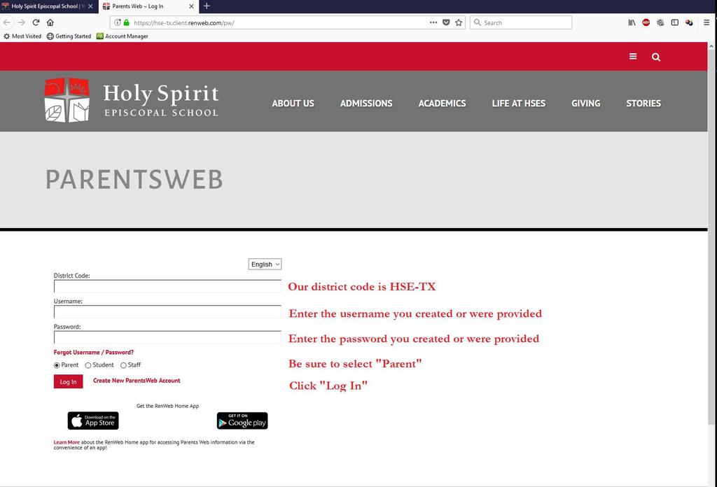 You will now find yourself at the log in page: If you have not created a ParentsWeb account, click on Create New ParentsWeb Account and follow the instructions.