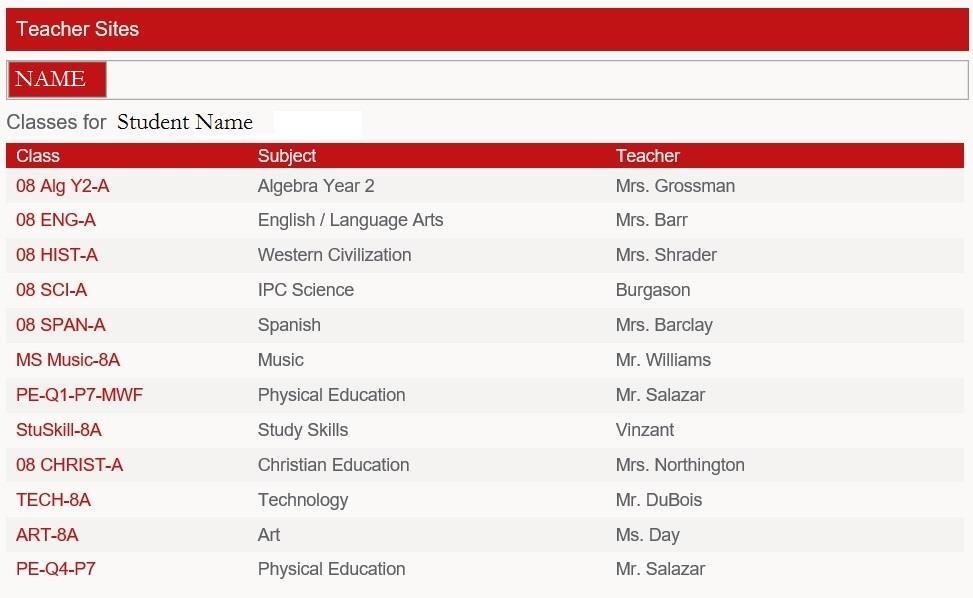 Classes: Your child s list of classes will be displayed. You can click on each individual class to go to that class page.