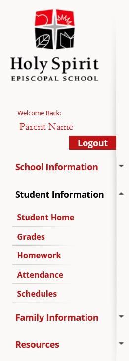 Clicking on Student Information on the first column will bring up this menu: Student Home: This will return you to the main student page (the one that loaded when you clicked on Student Information.