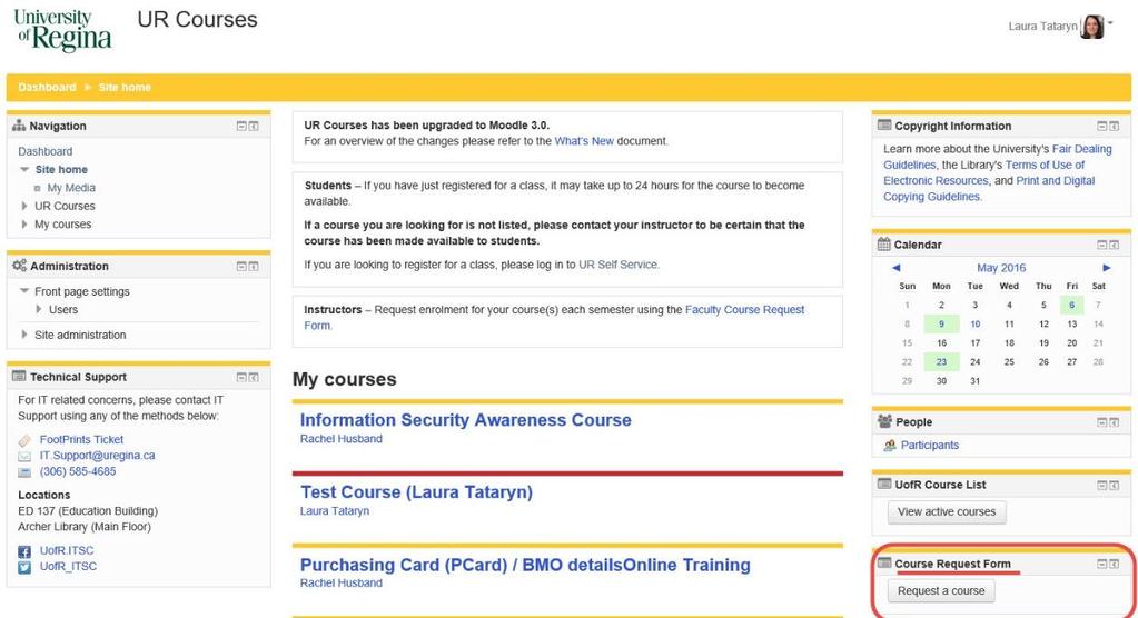 F. Course Listing G. Requesting a course 1. Click on Request a course. 2. Use the drop down box to Select the semester you want to activate the course. 3.