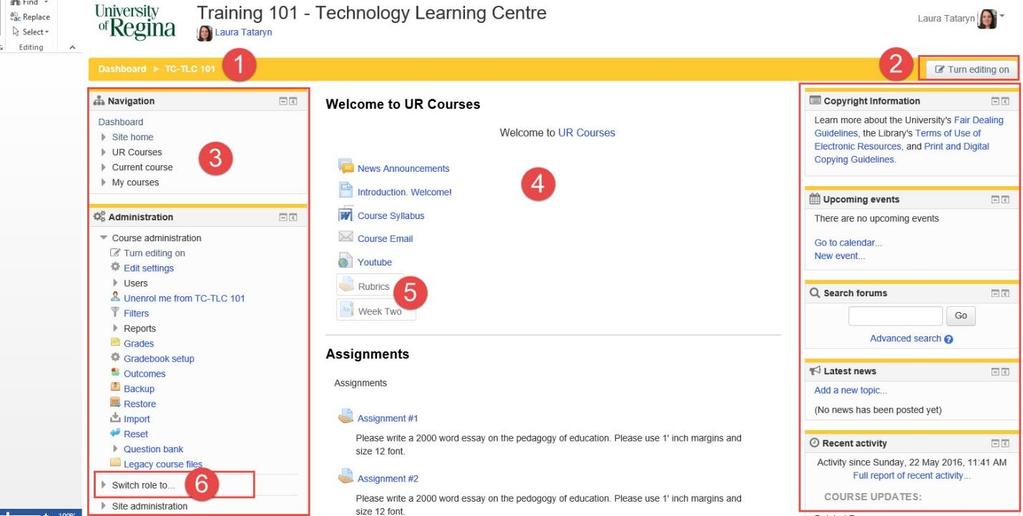 H. Course Elements New courses will be mostly blank to begin with. The main course page has block areas on the left and right sides.