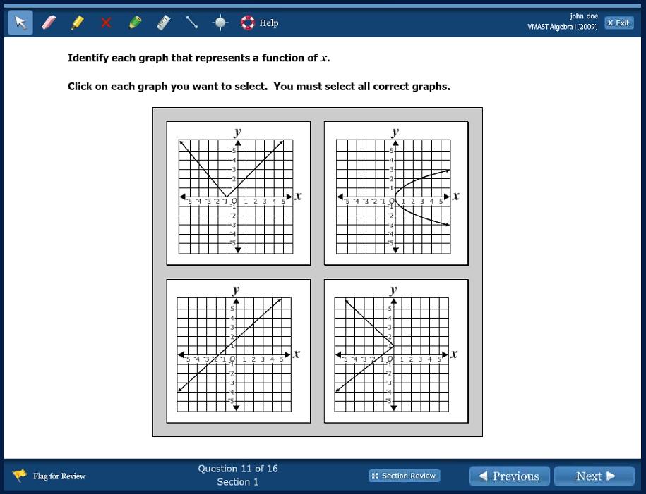 The item says, Identify each graph that represents a function of x. Click on each graph you want to select. You must select all correct graphs.