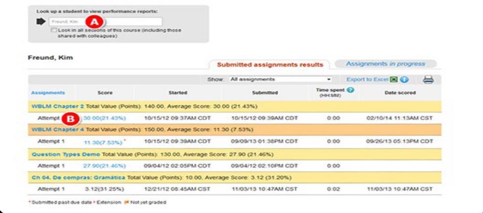 Adjust points for individual students: To edit a particular student's assignment grade, access the Student Performance report for a particular assignment.