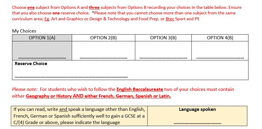 Options Form Return by 9th February Ensure one subject is chosen from