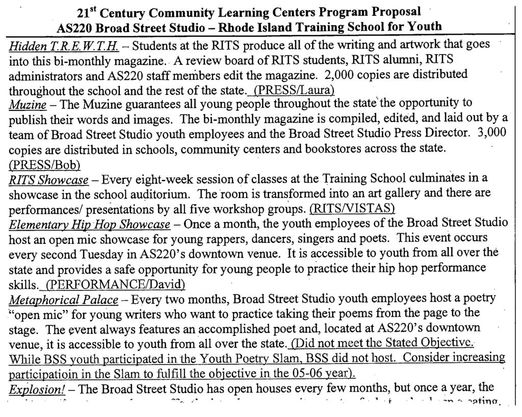 21st Century Community Learning Centers Program Proposal AS220 Broad Street Studio - Rhode Island Training School for Youth Hidden TR.E.