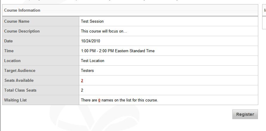 The Course Information screen will provide you with the session details and a link to view information about the instructor. To view the instructor s picture and bio, click on the instructor s name.