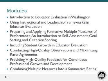 Explain: This module is part of a series of modules that OSPI has packaged together to support statewide implementation of new educator evaluation systems.