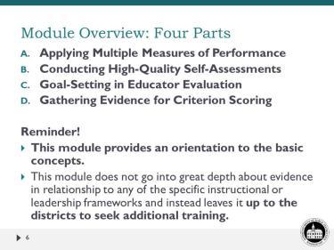 the evaluation systems required by RCW 28A.405.100. The program components may be organized into professional development modules for principals, administrators, and teachers.