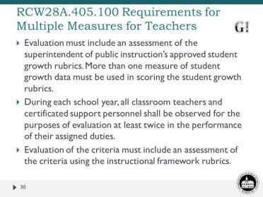 Slide 29 Explain: When we think about the context of multiple measures, the legislative requirements for teachers RCW 28A.405.100 are as follows [read slide].