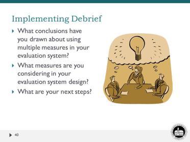 Implementing Debrief Call the groups back together and ask each team to share out on the following three questions: What conclusions have you drawn about using multiple measures in your evaluation