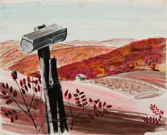 Charley Harper Harper Farm with Mailbox #1, n.d. Watercolor on paper, 15 x 19 in. Autumn view of the family farm where Charley grew up.