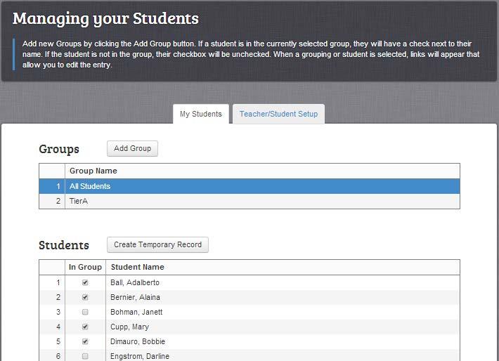 Creating a New Student Group To create a new student group: 1. Click the Students tab. The Managing your Students page appears. 2.