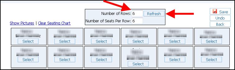 Enter the number of rows and seats per row you want in your seating chart and click the Refresh button.