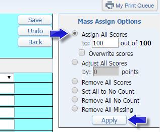 Mass Assign Scores To give all students the same grade on an assignment, click the link in the column for the grade you wish to