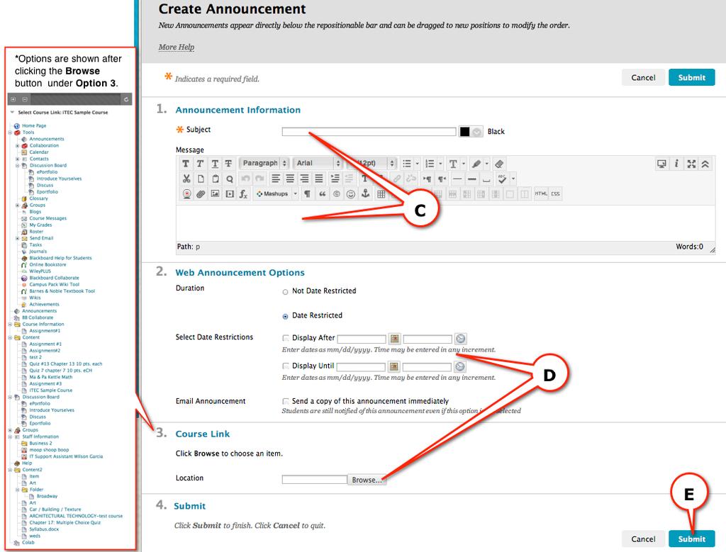 E) Click on Submit to complete the process. Note that Announcements can be created from Control Panel area too.