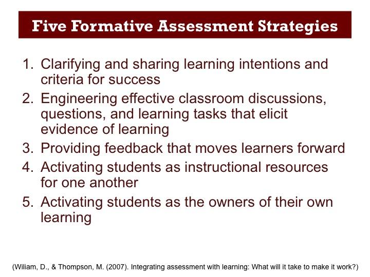 In 2007, Wiliam and Thompson, taking into consideration the roles of both the teacher and student, identified five key strategies that conceptualize formative assessment.