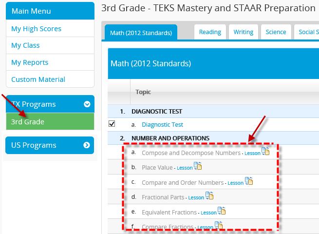 Under the TX Programs menu for this Texas 4th grade student, see the effect of: Restricted to 3rd Grade: Unrestricted access: Restricted to 3rd Grade level: (Hide from student checked ) Restrict