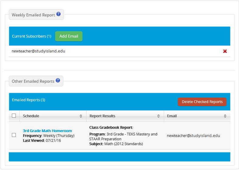 Emailed Report Manager Accessing Emailed Report Manager Option 1: Click School Reports under the Main Menu. At the top of the page, in the header bar, click Emailed Report Manager.