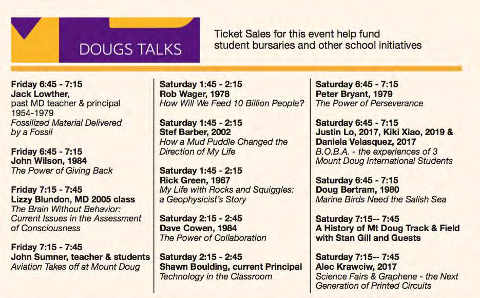 Join the fun on Nov 4 th and 5 th! Save money with an Early Bird Ticket, & reserve a seat at our popular DOUGS Talks. More Information and tickets at: mountdougalumni.