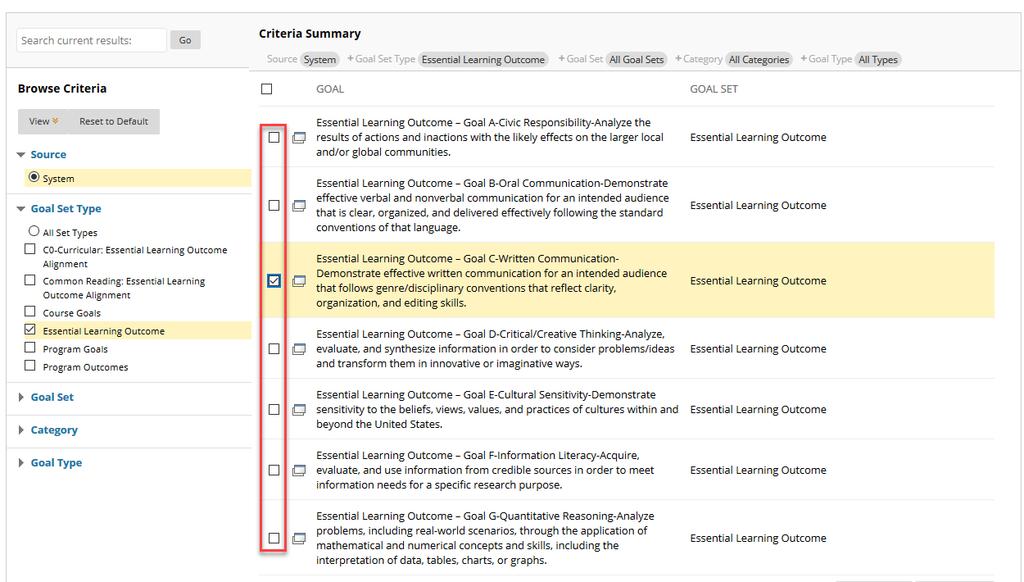 5. Under Goal Set Type on the left, click in the box next to Essential Learning Outcome. 6.