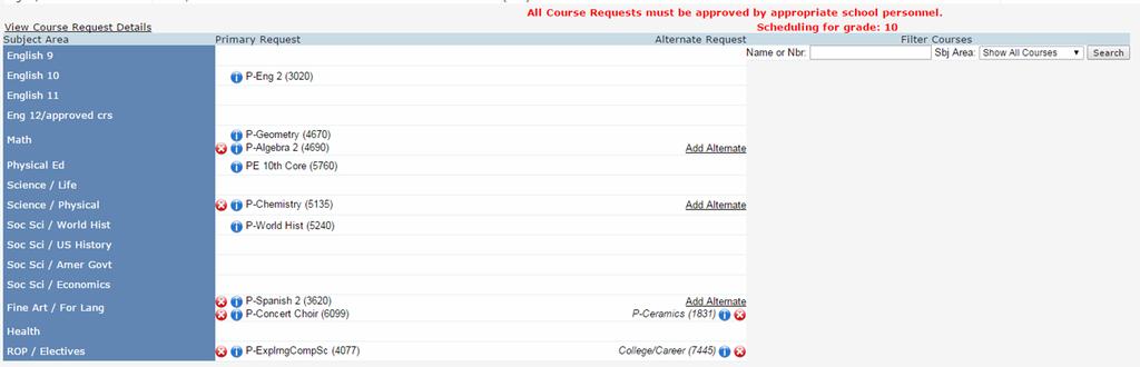 Please be sure to select an alternate course for all elective classes Sample of