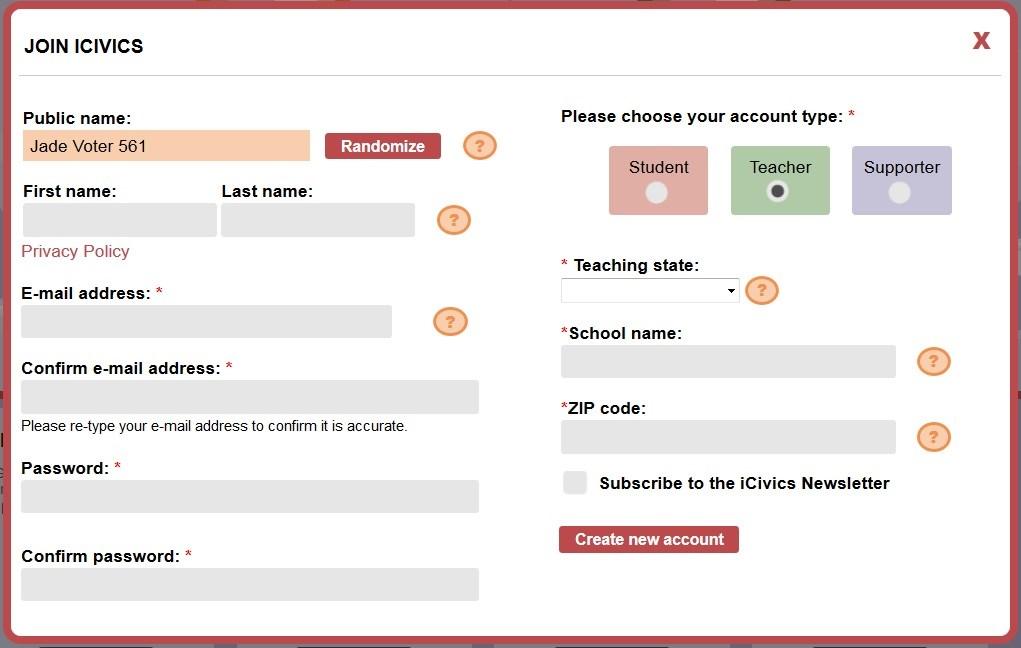 These step-by-step instructions will help you set up an account and use the newly redesigned icivics site. 1. Go to www.icivics.org and click on the Join icivics button in the top right corner. 2.