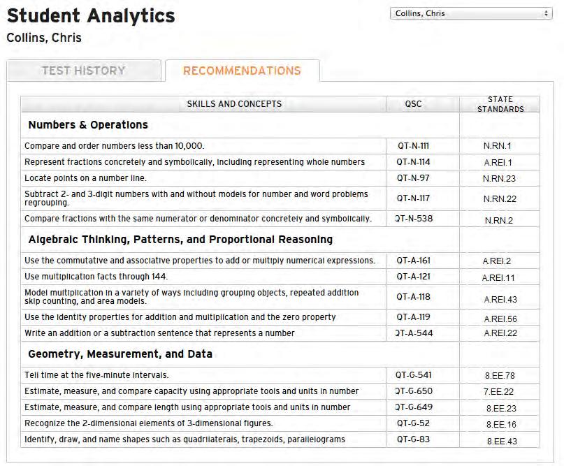 Student Analytics Recommendations Tab The Recommendations tab displays recommended skills and concepts for instruction along with corresponding state standards.