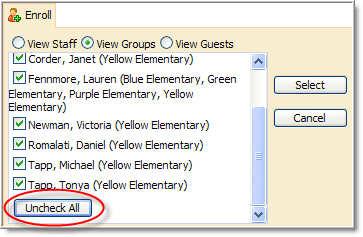 Choose View Groups to see school and district groups. Only check staff members wanting to enroll. Notice the Uncheck All button at the bottom of the list.