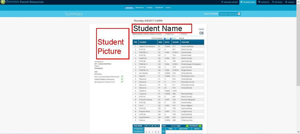 Student Data > Summary The default screen upon logging in is the Student Data > Summary screen. You will see a Summary for every student linked to your login.