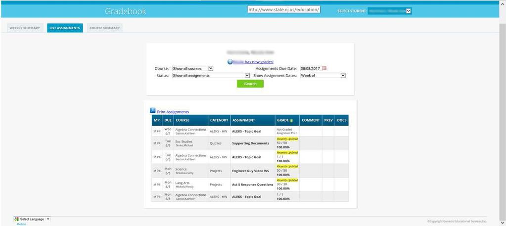 Student Data > Gradebook > List Assignments List Assignments This screen will allow you to look at your child's Assignments in multiple ways.