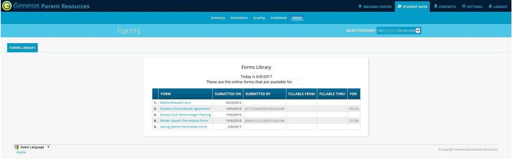 Student Data > Forms > Forms Library This screen shows any form that was sent to you.