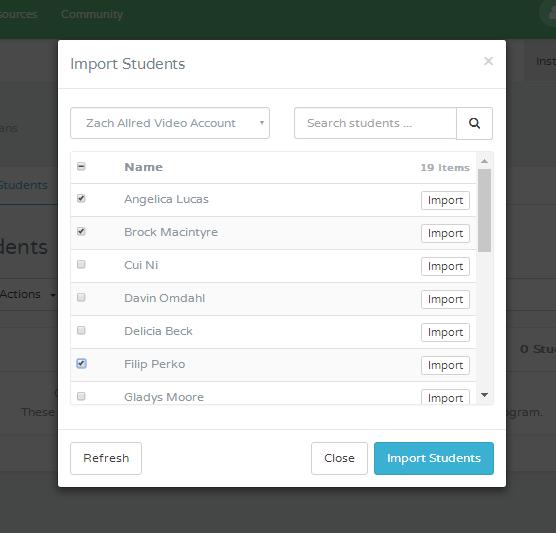 You can import students individually by clicking the Import button to the right of each name, or you can select multiple students by clicking the checkboxes to the left of each name.