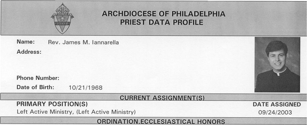 Status: Left/Resigned Active Ministry, Diocesan Date of Ordination: 05/18/1996 Ordaining Bishop: Anthony Cardinal Bevilacqua Seminary IC ollege/university St.