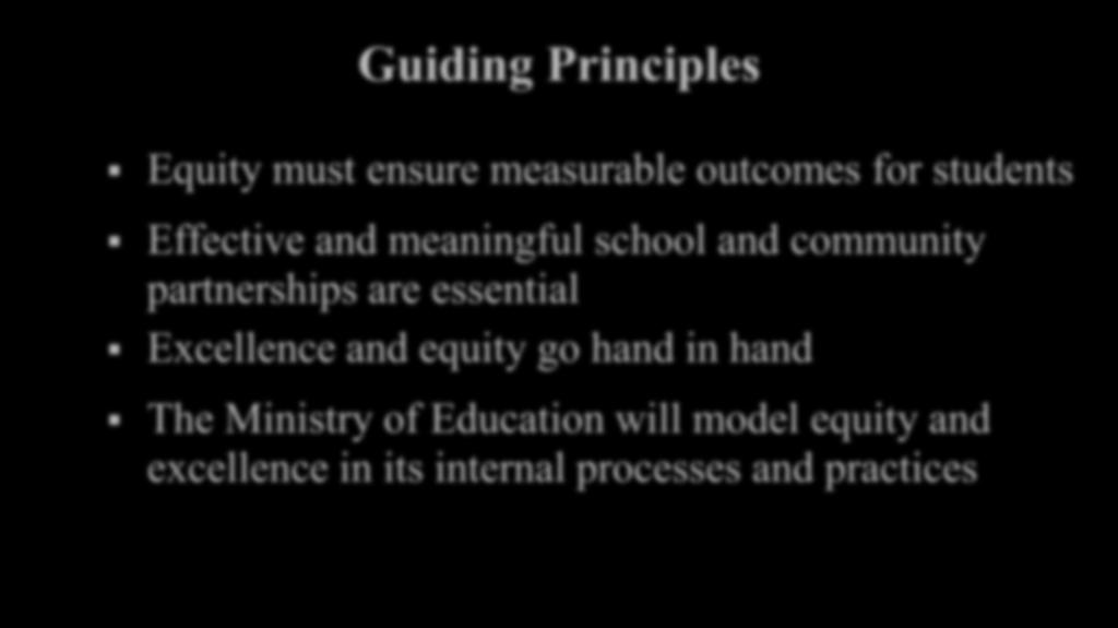 Guiding Principles Equity must ensure measurable outcomes for students Effective and meaningful school and community partnerships are