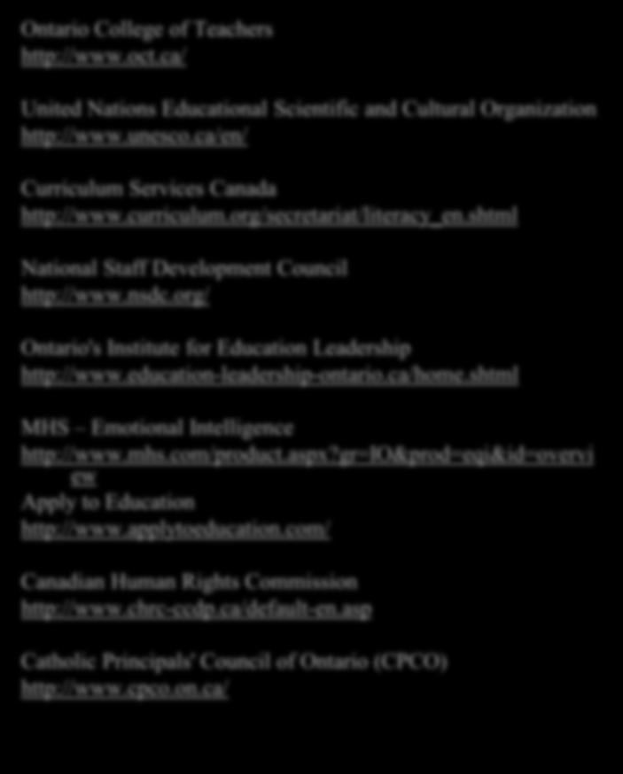 Resources - Websites Ontario College of Teachers http://www.oct.ca/ United Nations Educational Scientific and Cultural Organization http://www.unesco.ca/en/ Curriculum Services Canada http://www.