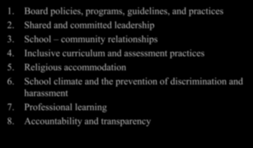 Eight Areas of Focus 1. Board policies, programs, guidelines, and practices 2. Shared and committed leadership 3. School community relationships 4.