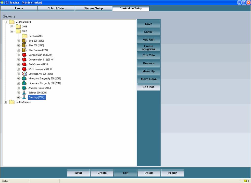 Step 6: If the current year curriculum folder displayed in the Subjects window on the left side of the screen is expanded, the application closes it as it installs the subject.