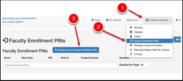 Create a Faculty Enrollment PIN This article describes the process for creating a Faculty Enrollment Pin so that teachers can self select their ebooks needed for the school year.