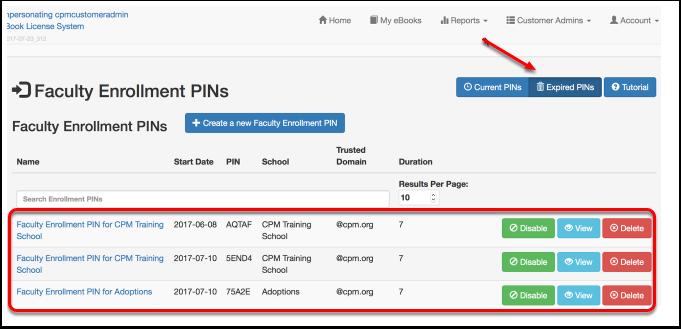 Navigate to 'Faculty Enrollment PINs' selecting it uder the 'Customer Admins'